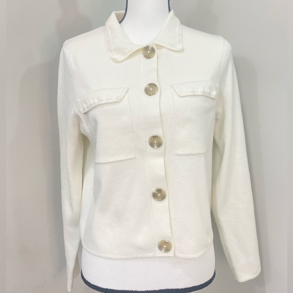 Joie Soft Knit Cream Button Front Boxy Long Sleeve Embroidered Trim Cardigan MED